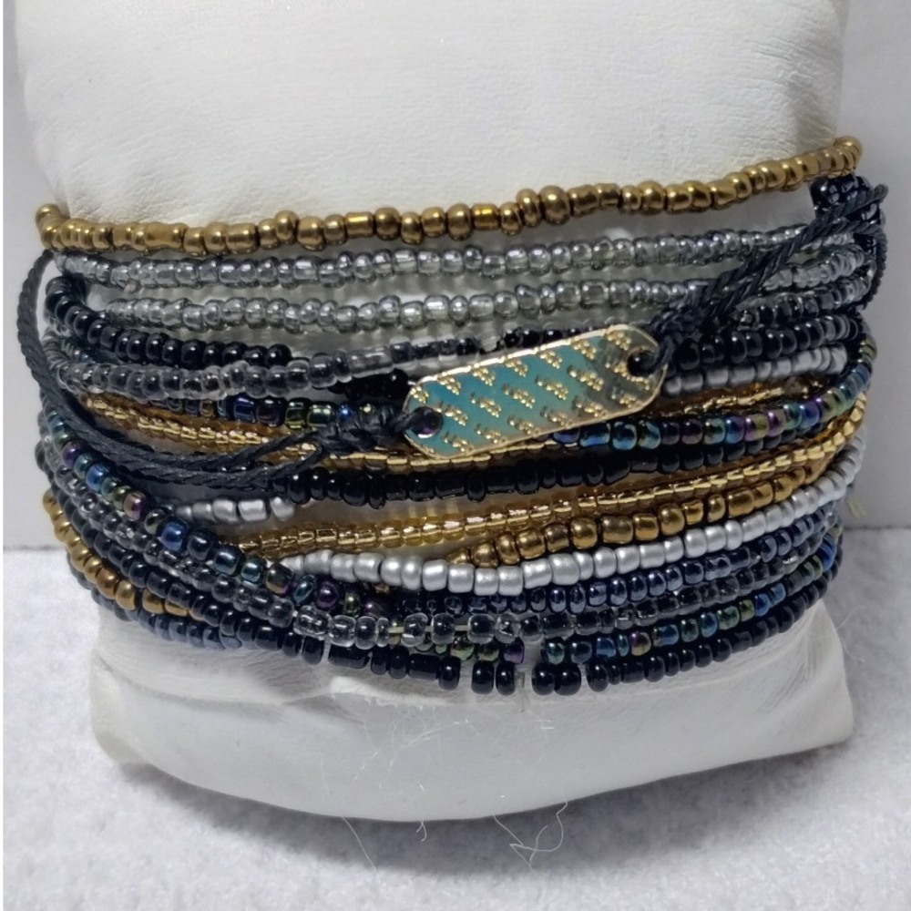 Multi Strand Seed Bead Bracelet Black Gold Silver Adjustable Boho Beachy